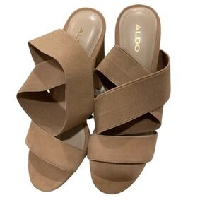 Aldo Tan Nude Elastic Criss Cross Strap Block Heel Sandals Made in Brazil 6